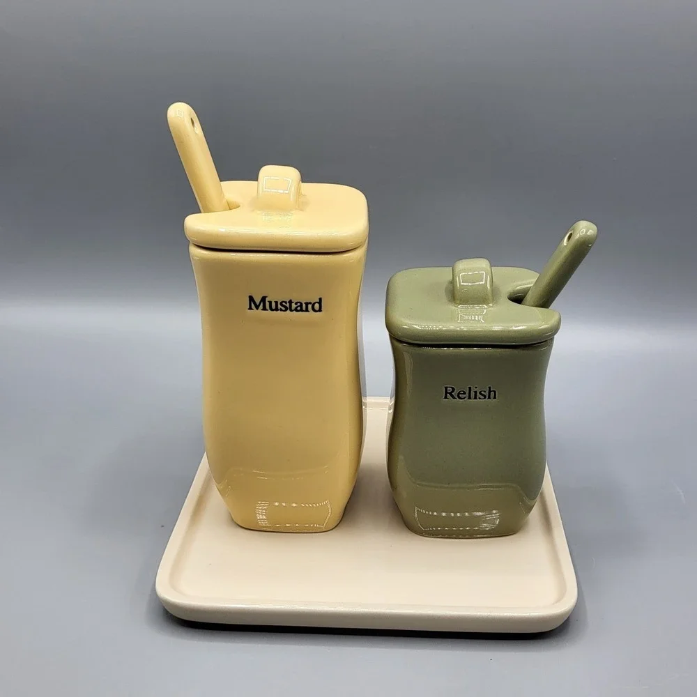 Longaberger Condiment Set Mustard Relish Jars Tray Spoons Ceramic Replacement